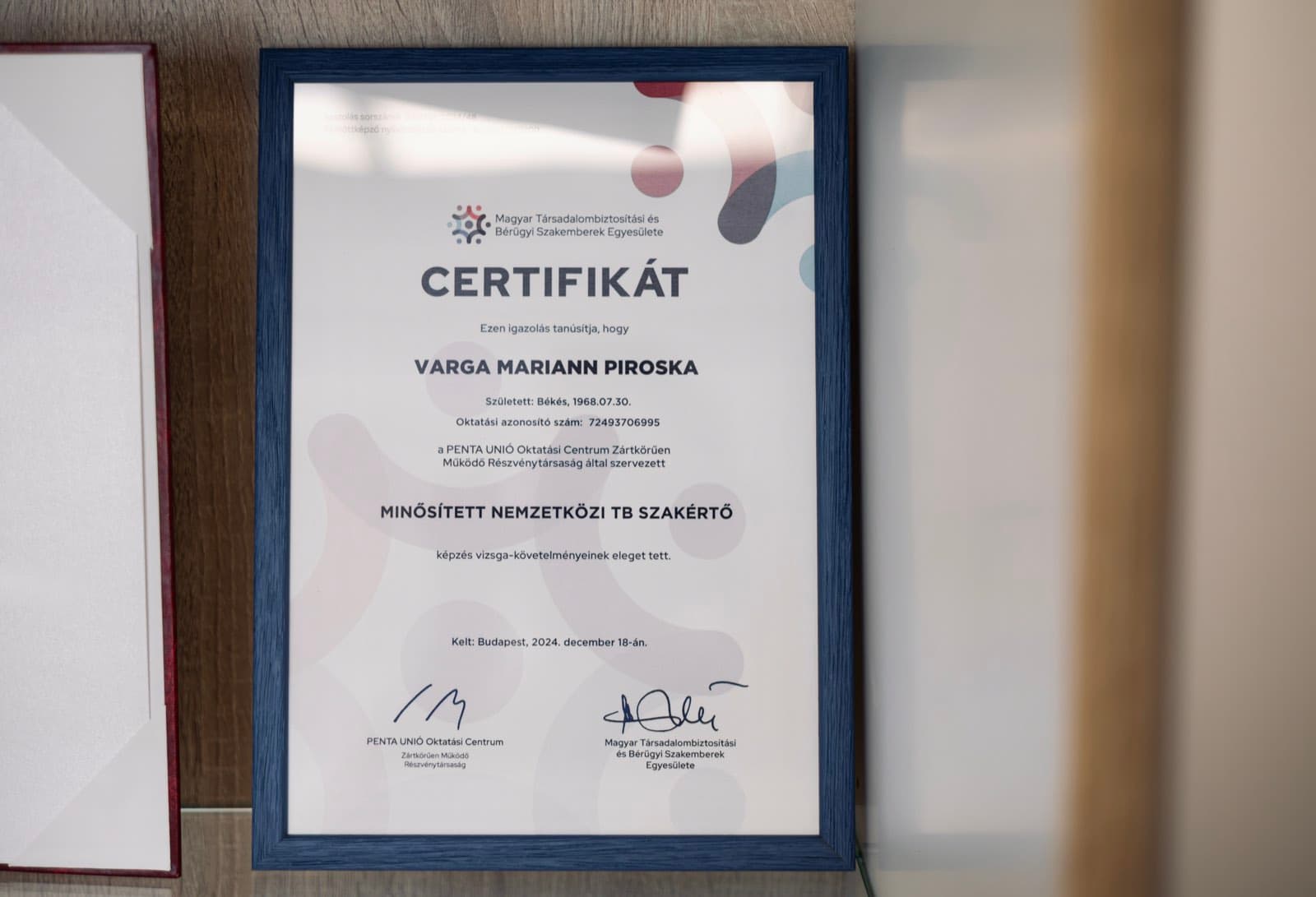 Minősített Nemzetközi TB Szakértő certifikát Varga Mariann nevére, 2024